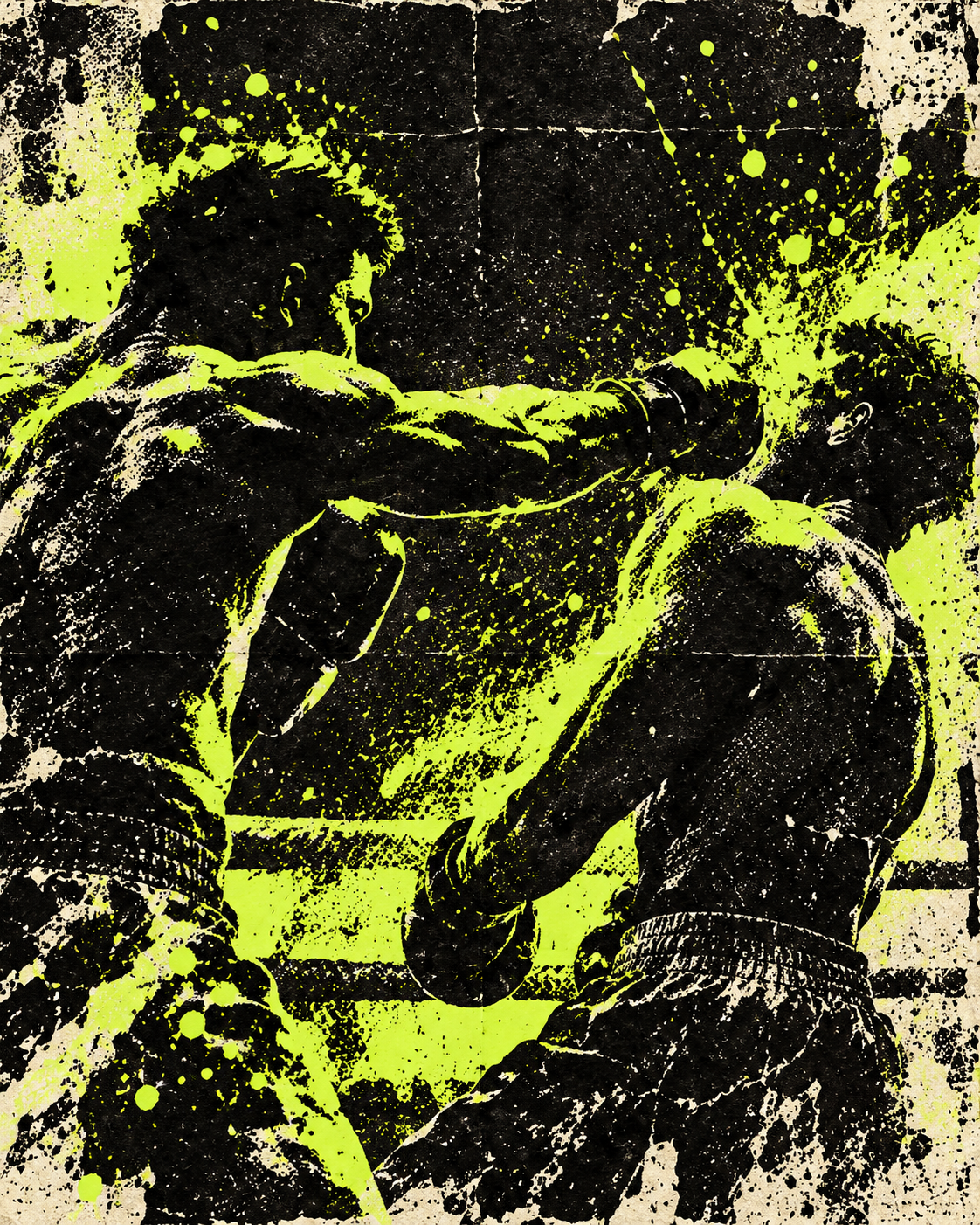 Halftone boxing artwork: two fighters trading punches in black, chalk and acid lime